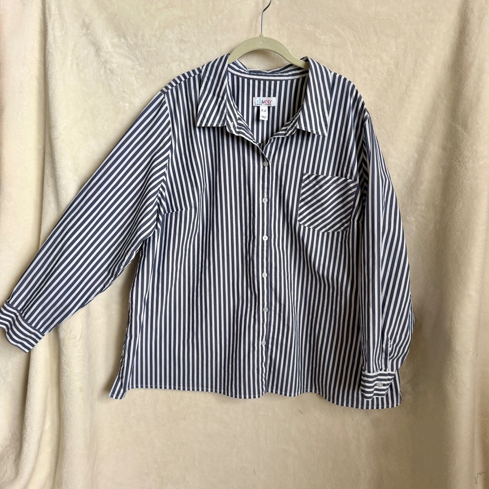 D&Co Denim and Company Navy Striped Oversized Button Up Shirt Size 3X Cotton